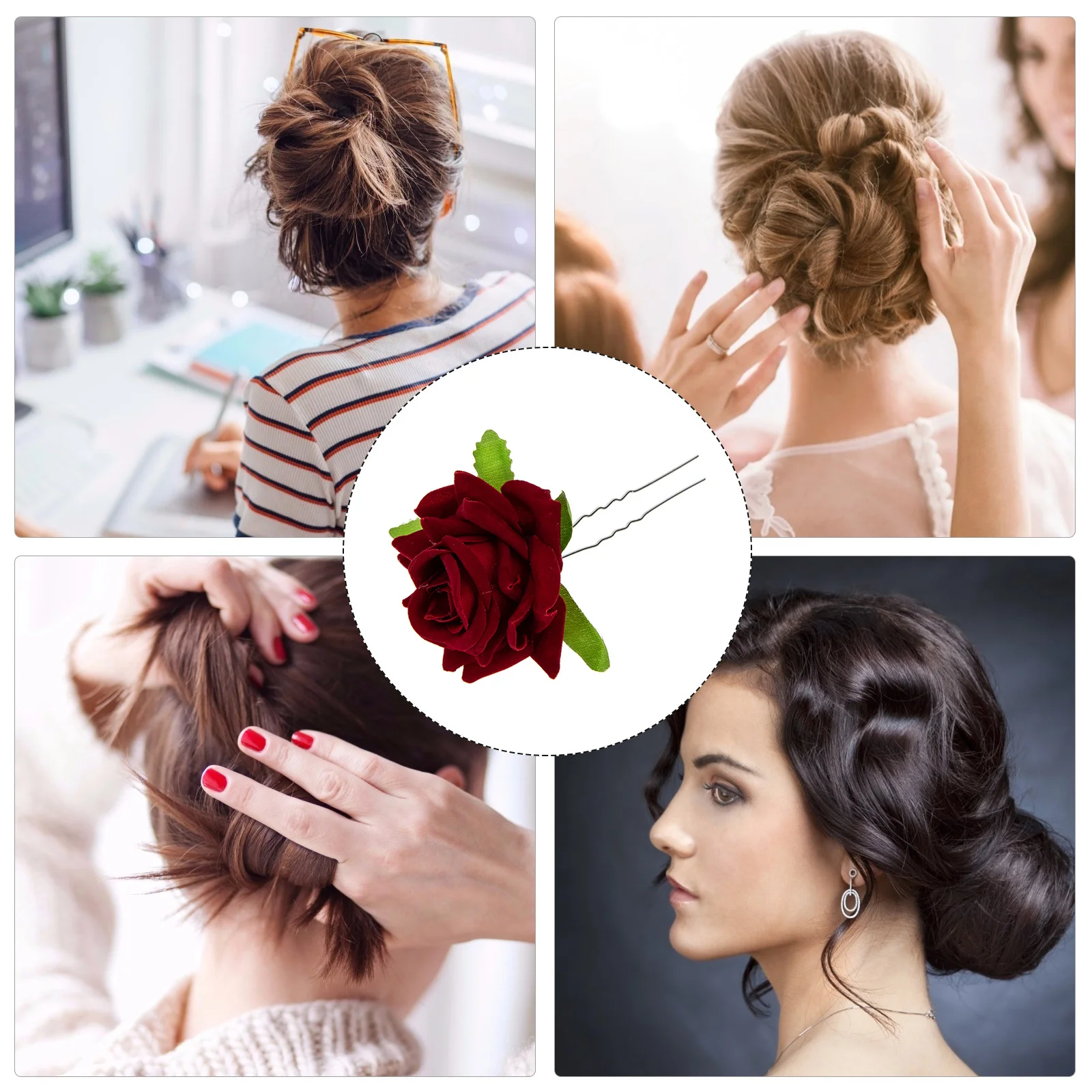 

6pcs Simulation Rose Hairpins U-Shaped Clips Bridal Wedding Hair Forks Chignon Sticks Durable Fabric Alloy Hair Accessories For