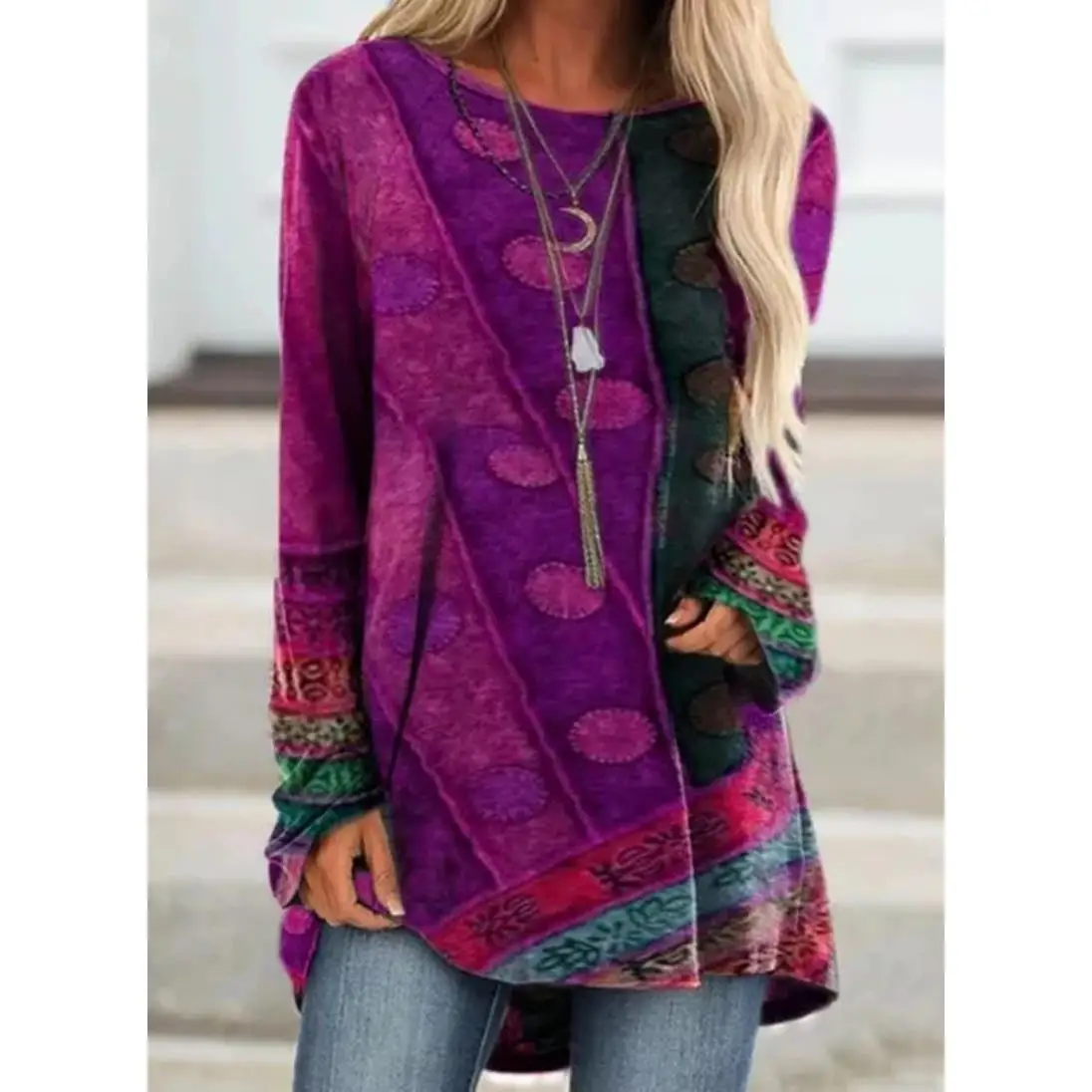 Camiseta larga estampada Sve para mujer, corte holgado, poliéster, informal, Faion, temporada de otoño, ropa para mujer, fibra de poliéster 00%