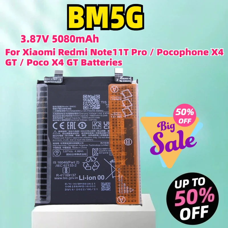 

BM5G 3.87V 5080mAh Replacement Battery For Xiaomi Redmi Note11T Pro / Pocophone X4 GT / Poco X4 GT Batteries+Tools