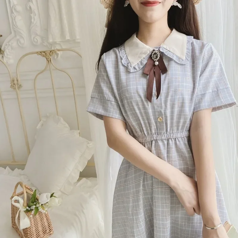 Girls\' Lolita Waist Collection Dress College Style Doll Neck Bow Grid Splicing Dress Japanese Korean New Chiffon Dresses 2024