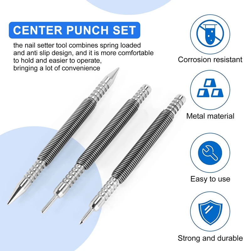 3 Pcs Nail Set And Hinge Pin Tool Center Punch Spring Loaded Nail Set For Door 1/32 Inch 1/16 Inch Dual Head, 1/8 Inch