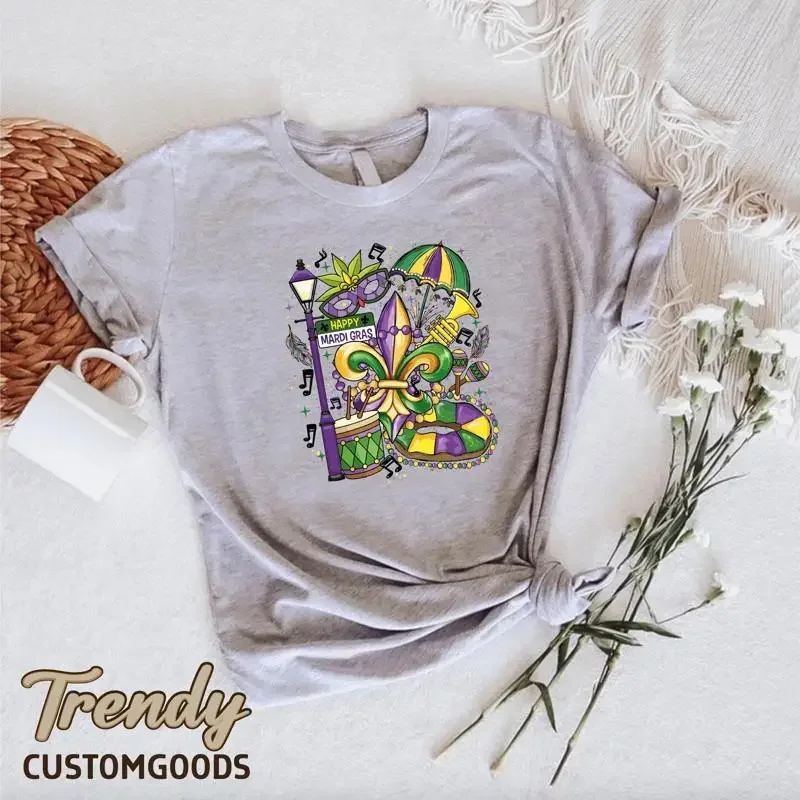 Happy Mardi Gras T Shirt Women Carnival Costume Fleur De Lis Fat Tuesday Trendy Womens NOLA For Her