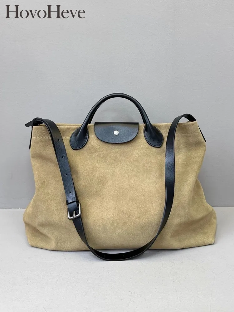 Office Ladies Large Capacity Single Shoulder Bag Vintage Design Tote Handabg Women Suede Cowskin Genuine Leather Crossbody Bags