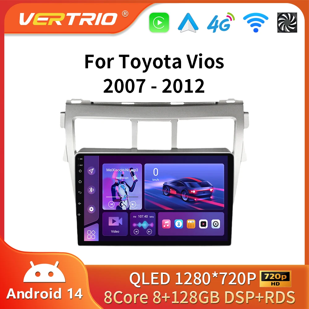 2 Din Android 16 For Toyota Vios Yaris 2007 2008-2012 Car Radio Multimedia Video Player Carplay Auto Stereo GPS Navigation QLED
