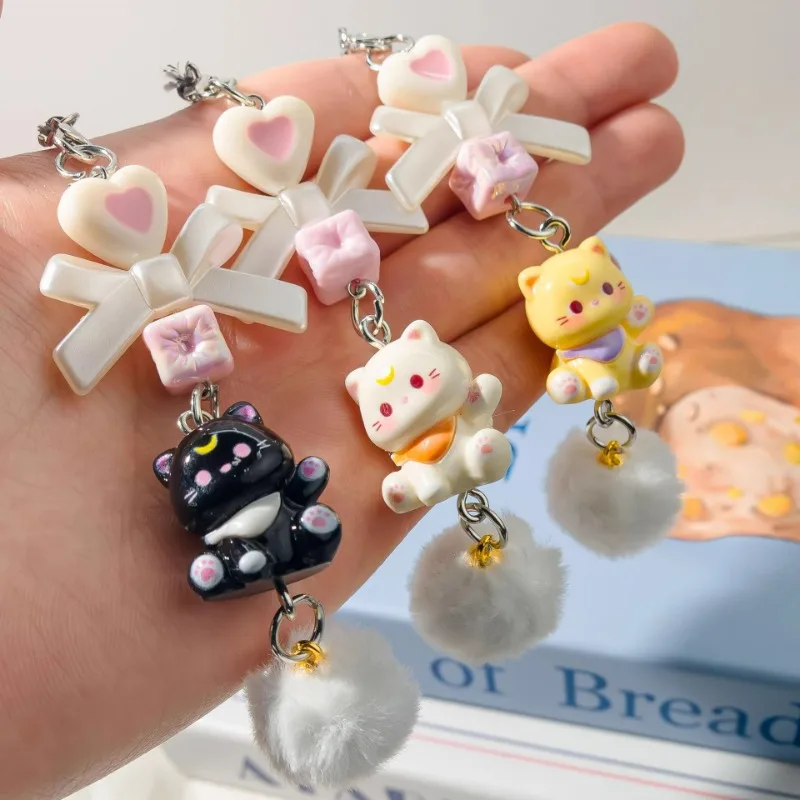 Y2K Cartoon Cat Plush Ball Beaded Key Chain Phone Chains Cute Sweet Bow Bag Camera Pendant Lanyard Keychain Cute Couple Keyrings
