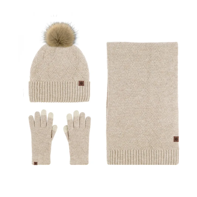 Solid Colour Wool Warm Hat Scarf Gloves three-piece Men And Women Autumn Winter Wind Cold Wool Ball Padded Soft Knitting Set