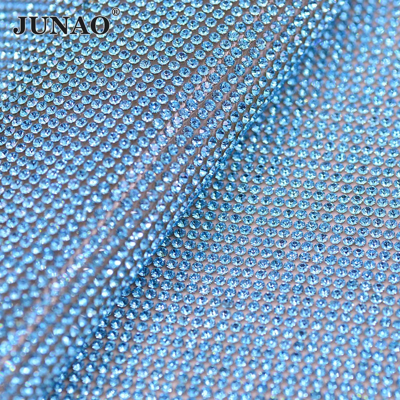 JUNAO 24*40cm Glitter Clear White Glass Strass Mesh Trim Crystal Fabric Sheets Appliques Iron On Strass Banding For Garment