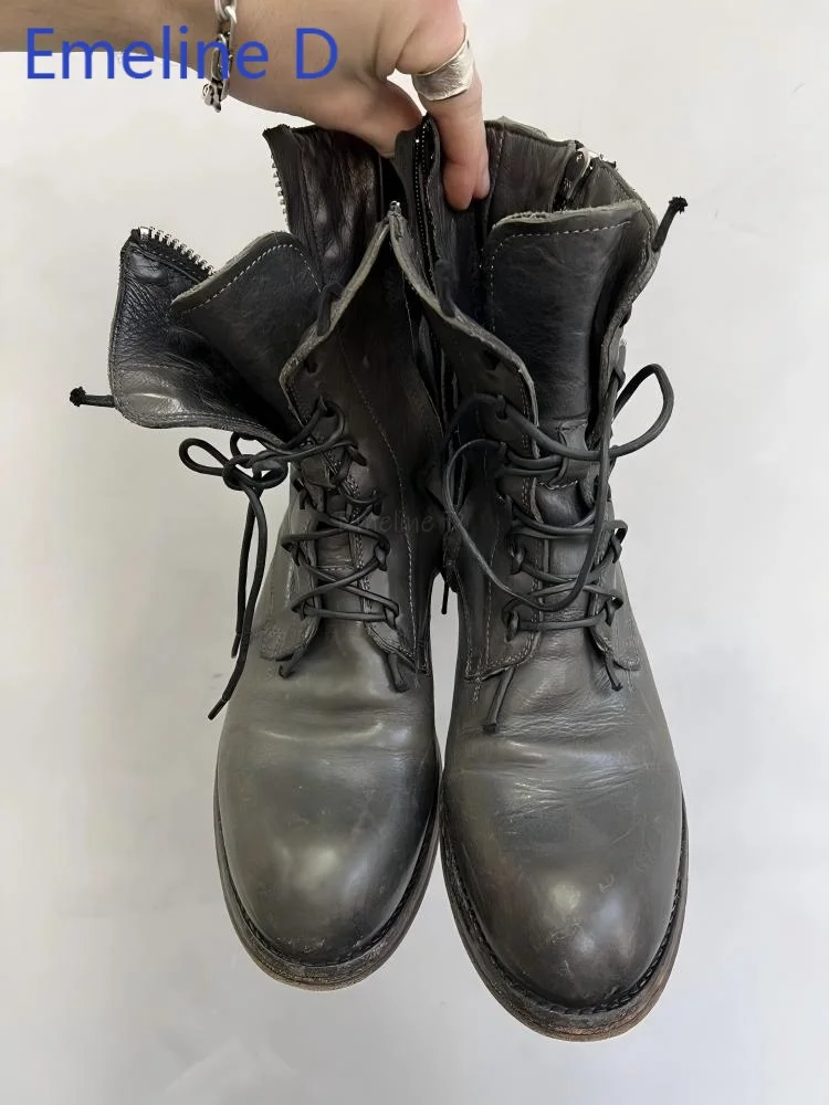 Unisex Distressed Leather Mid Ankle Boots Round Toe Flat Heel Lace Up Closure Back Zipper Dark Retro Casual Fashion Combat Boots