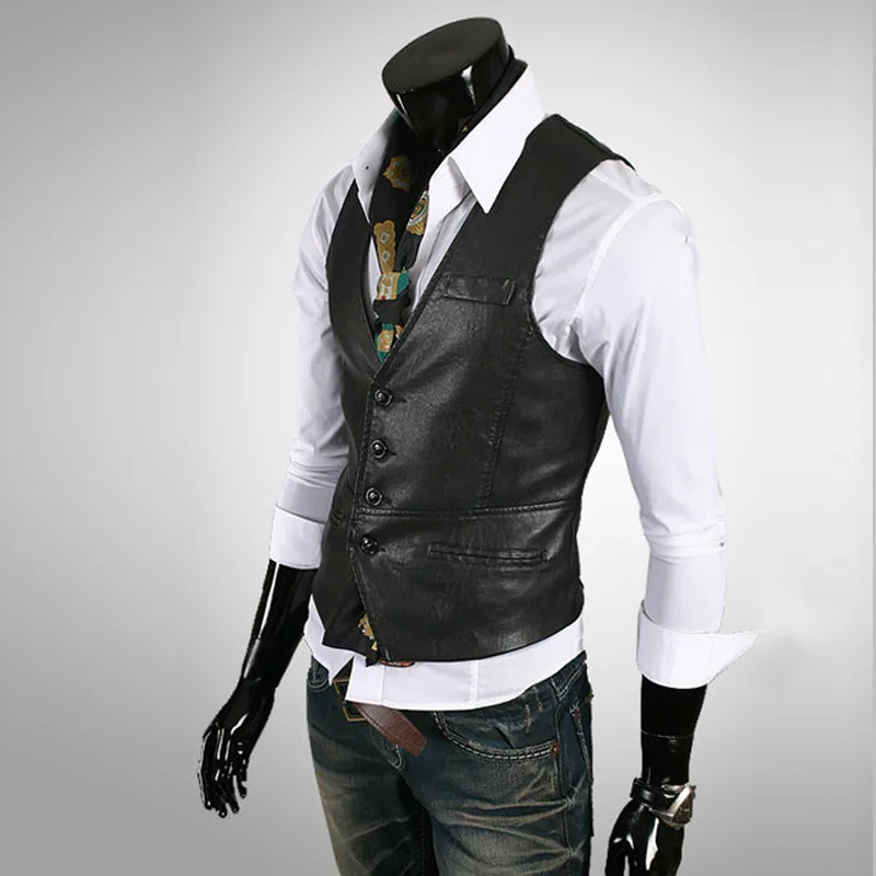KIDWHXR Men Leather Vest Autumn Retro Punk Slim Single-breasted Male Waistcoat Business Casual Party Sleeveless Man Suit Vest