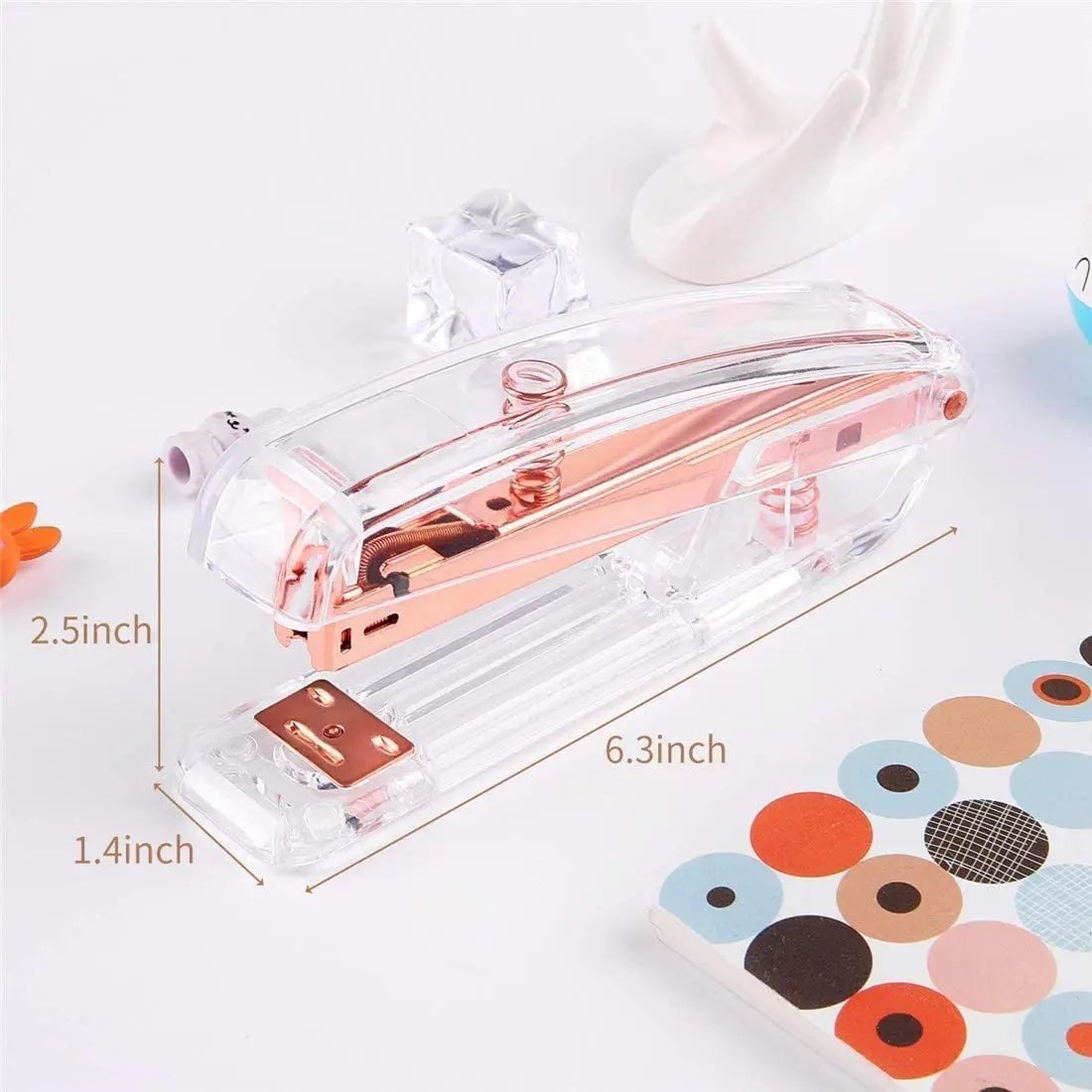 Small Office Stapler,Transparent Spring Powered Desktop Standard Stapler with Free 1000 Pieces Standard Staples - Rose Gold