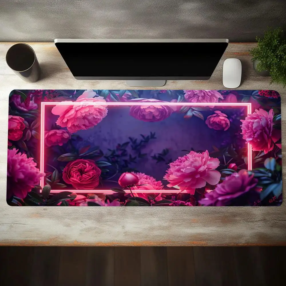 Neon Flowers Leaves Mouse Pad Large Computer Office Game Table Mat XXL Rubber Anti-slip Stitch Edge Keyboard Mats Long Desk Pads
