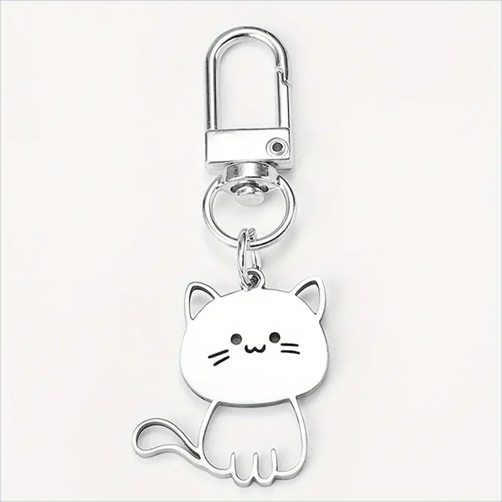 1pc Silvery Cute Cat Keychain Cartoon Animal Stainless Steel Keyring Backpack Hanging Pendant Bag Charms Gifts Women daily use