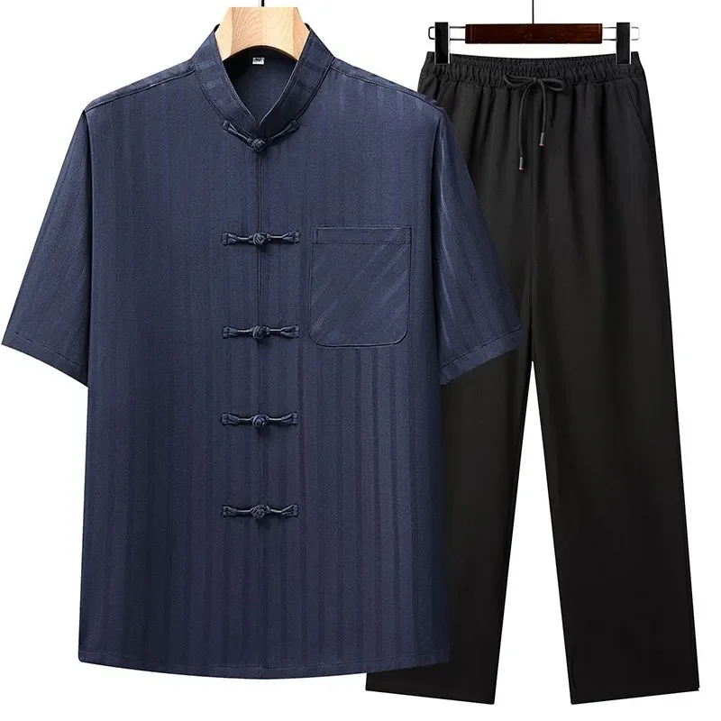 Traje Tang de Estilo Chino para Hombre, Conjunto de 2 Piezas, Camisa de Manga Corta y Pantalones de Seda de Hielo, Atuendo de Verano para Personas Mayores