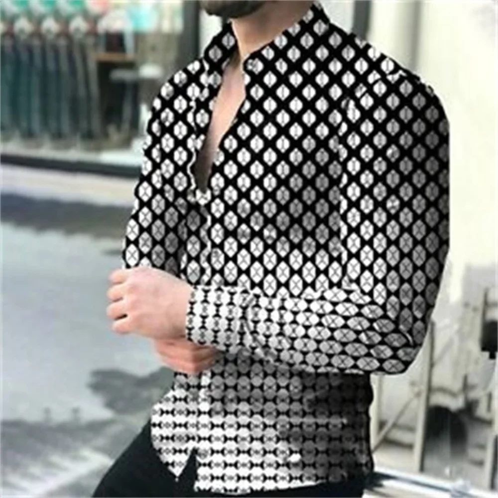 2025 Hot Selling Fashion Luxury Men's Shirts Single breasted Plaid Printed Long Sleeve Men's Street Hawaiian Top Plus Size