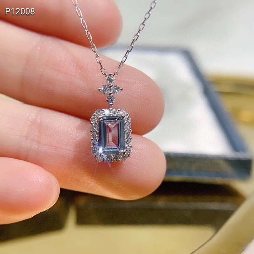 Sparkling Light Aquamarine Square cut 5 * 7mm Natural Aquamarine Gemstone Pendant for Women 925 Pure Silver Simple