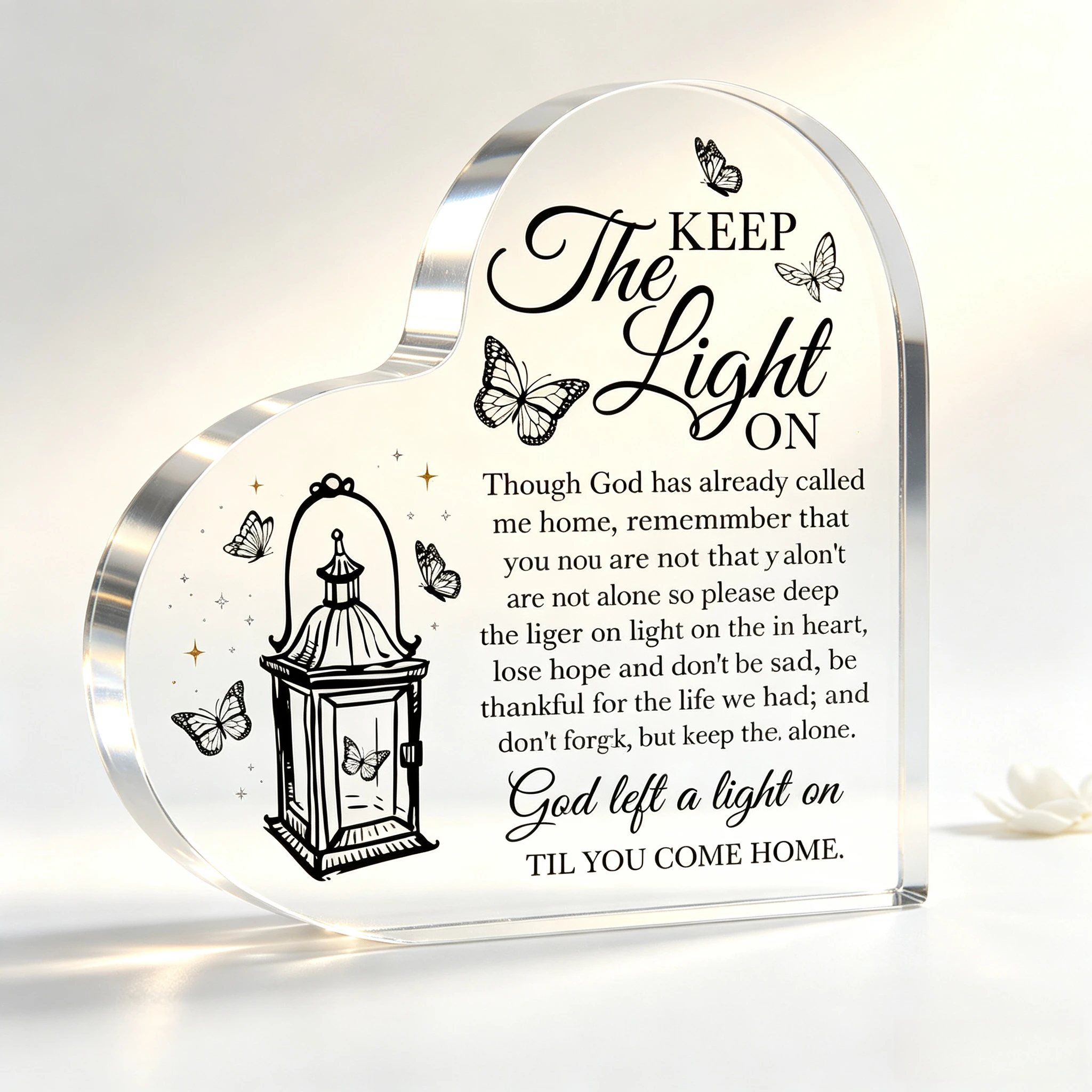 God Left A Light On Clear Heart Acrylic Sign, Butterfly Lantern Grief Tabletop Ornament Religious Sympathy Heart‑Shaped Acrylic Plaque, Memorial Home Desk Decoration Present