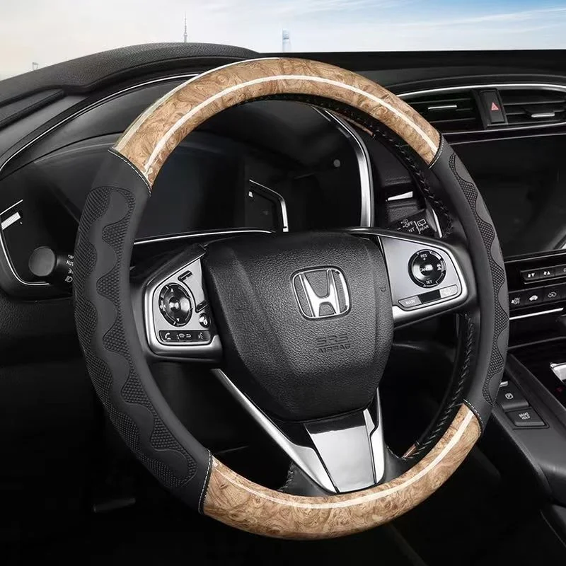 New Wood Grain Car Steering Wheel Cover PU Leather Luxury Auto Steering Wheel Protector 37-38CM Anti-Slip Breathable Universal