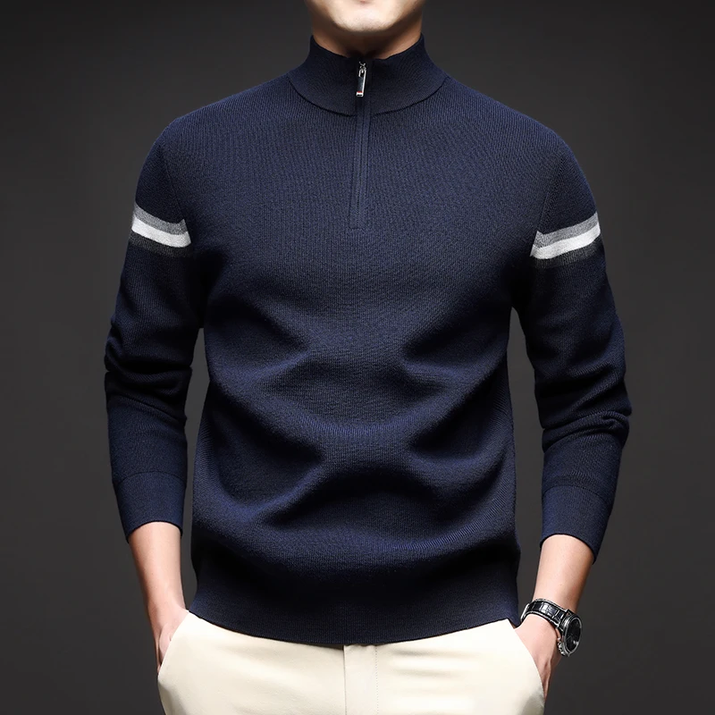 

High Luxury Men Jumper 2025 Autumn Winter Trendy Striped Zipper Knit Clothes Classic Stand Collar Wool Sweate Pullover Tops