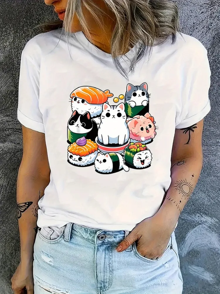 Cute Sushi Cat Printed Round Neck Women T-Shirt Comfortable Style All Season Top Breathable Not Showing Inside Patterned T-Shirt