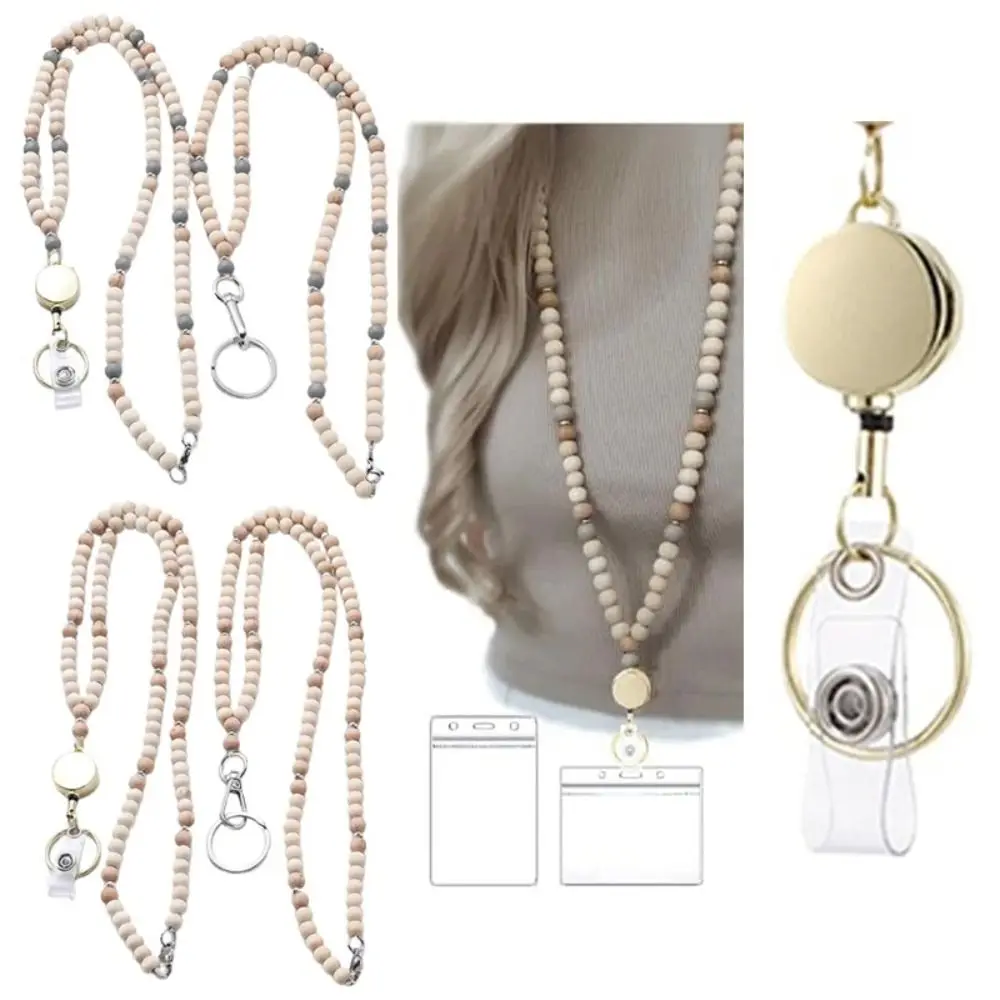 

Retractable ID Badge Holder Lanyard Stainless Steel Clasp Natural Wood Bead Boho Keychain Necklace with 2pcs Card Holder