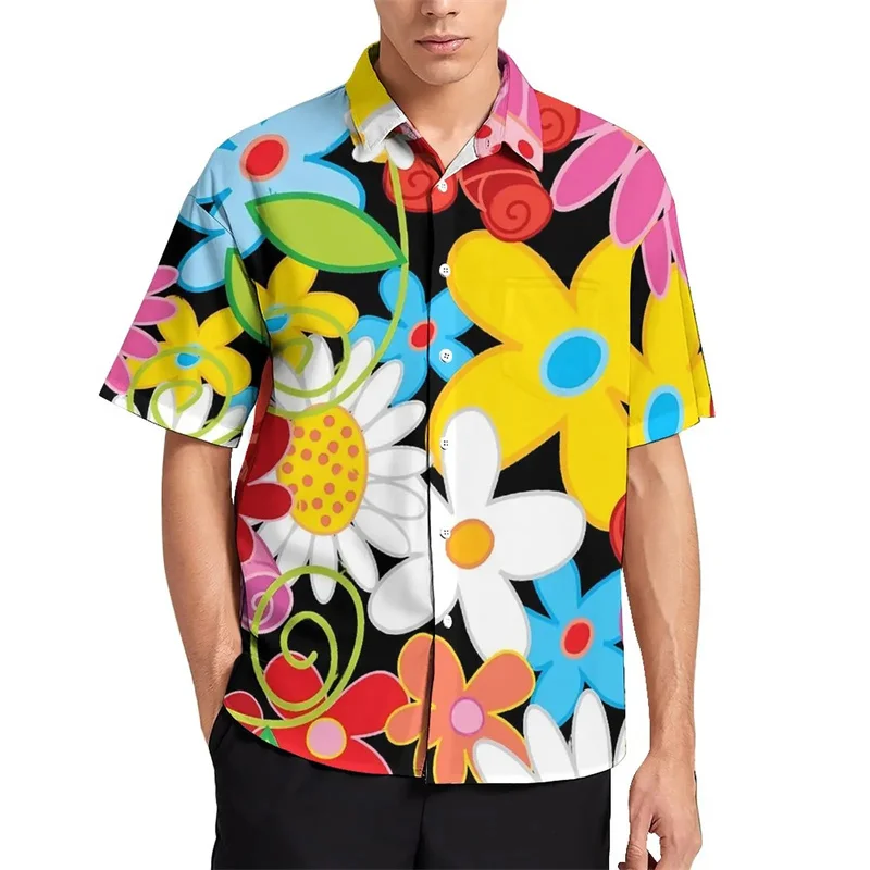 Colorful Flower Graphic Blouses For Men Clothes Bright Floral 3D Print Beach Shirts Vacation Esthetic Y2k Short Sleeve Boy Tops