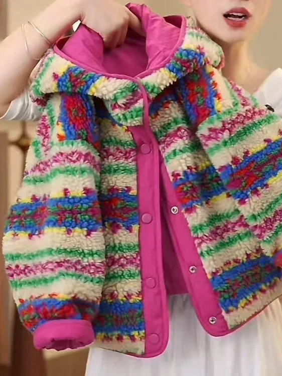 معطف شتوي طويل من فرو الخروف للفتيات قابل للارتداء على الوجهين مع قبعة دافئة أنيقة على الطراز الكوري للنساء