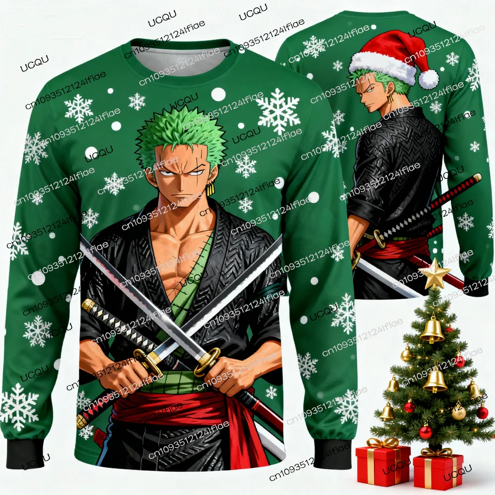 2025年新作 ゾロ クリスマス 大人用 メンズ/レディース 冬用 長袖 スウェットシャツ キッズ ワンピース風 漫画 クルーネック スウェットシャツ ストリートウェア