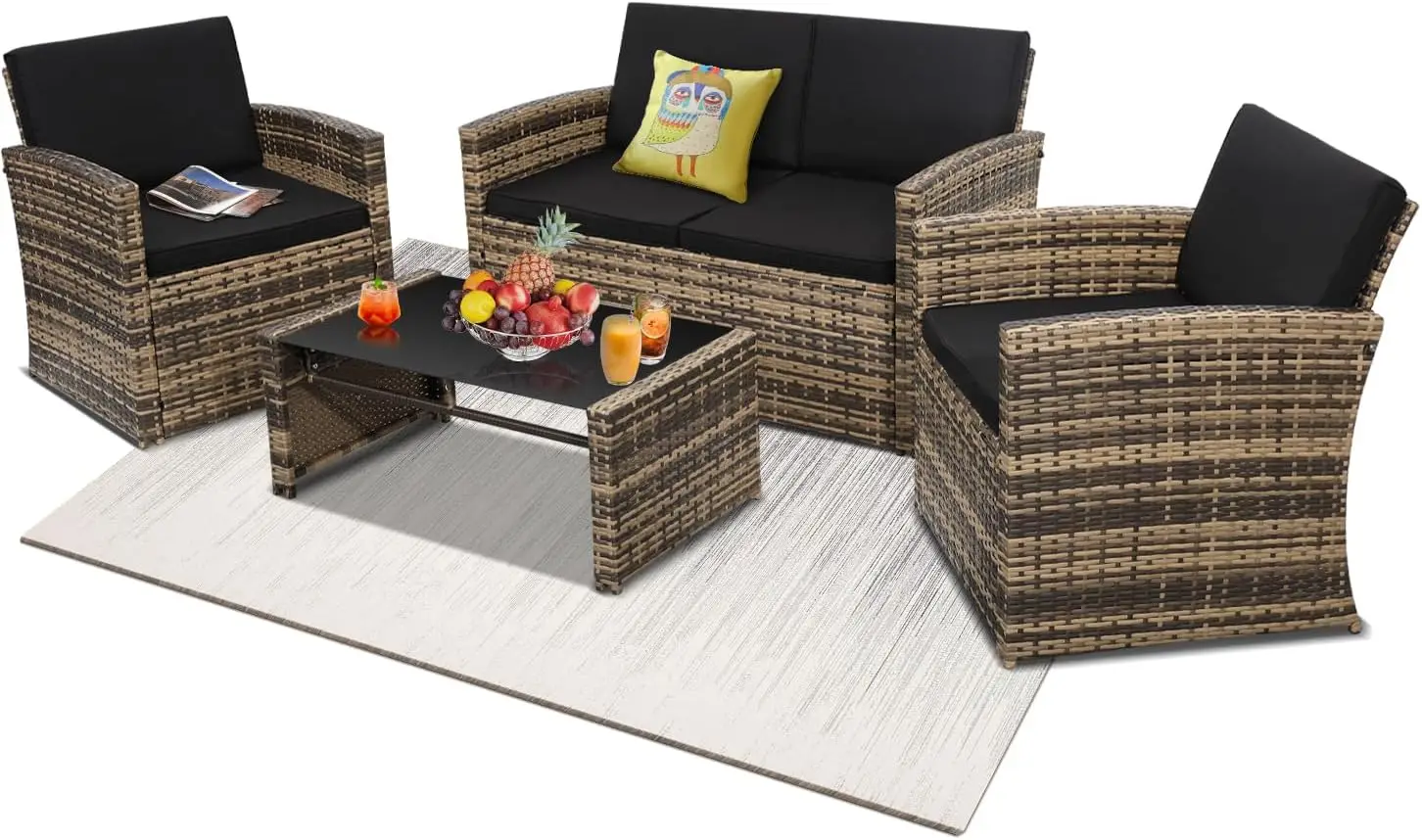 4 Pieces Patio Conversation Set Outside Rattan Sectional Sofa Cushioned Furniture Set Wicker Sofa Ideal for Garden Porch