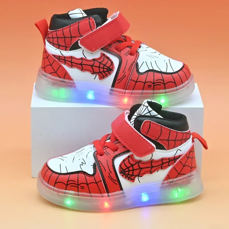 

Детская обувь со светодиодной подсветкой Disney, модные кроссовки с Человеком-пауком для мальчиков, повседневная обувь с героями мультфильмов, дышащая детская спортивная обувь, размер 21-30