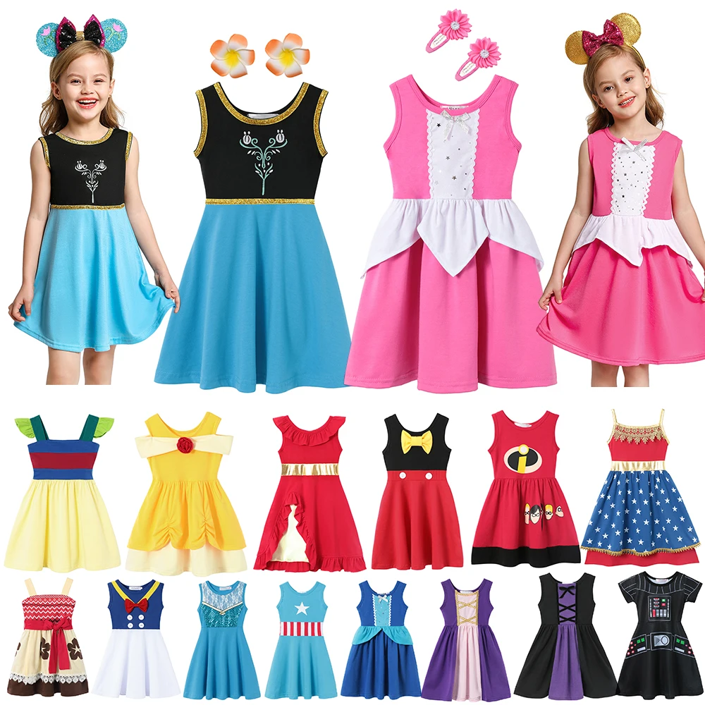 Summer Disney Mickey Mouse Dress For Baby Girl Casual Snow Queen Elsa Anna Birthday Party Holiday Vestidos Moana Mermaid Cute