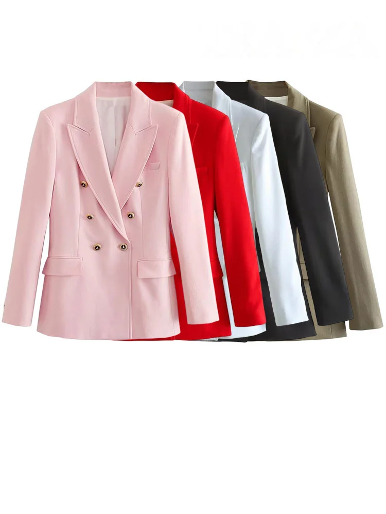 HH Fashion Women Long Sleeve Lapel Fake Pocket Decorate Suit Outerwear Women Elegant Double-Breasted Solid Five Colors Suit