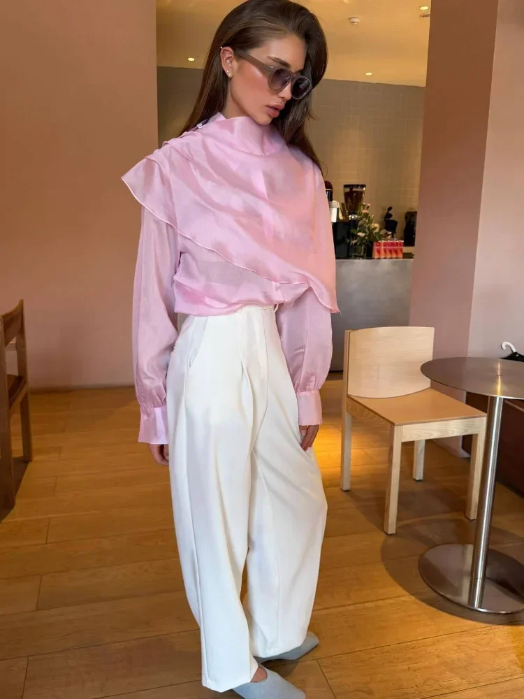 

Женская элегантная прозрачная шифоновая блузка с высоким воротом, модная, с оборками и пышными рукавами, розовая, укороченная, для свиданий, 2026, повседневная уличная одежда для женщин