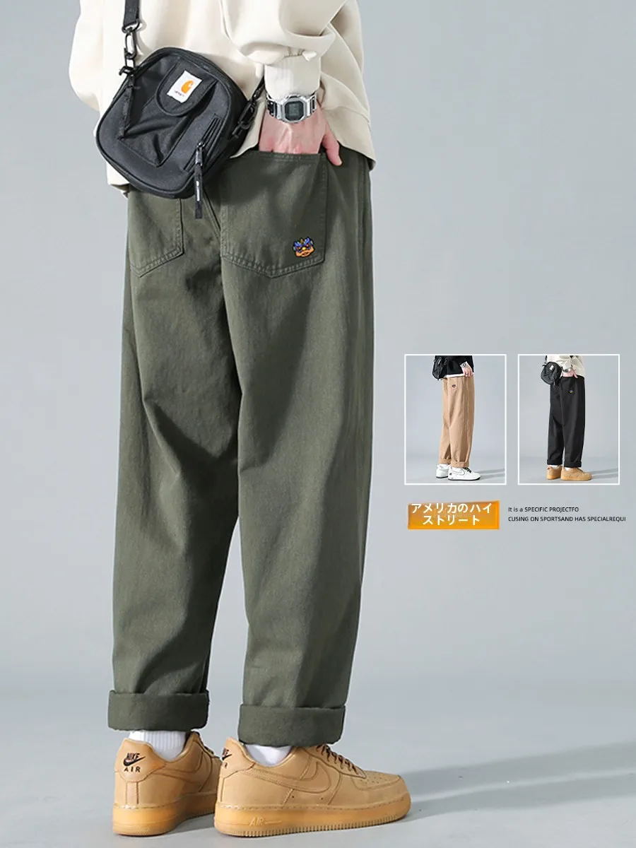 

Men's Pure Cotton Straight Leg Casual Pants Spring Faionable Workwear Loose Wide Leg Trousers Retro Japanese Trendy Handsome