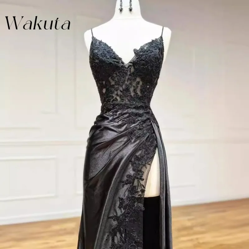 Wakuta-Robe de Soirée Longue Sexy à Col en V, avec Bretelles, en Maille Ajustée, pour Banquet Floral, Mariage, Commémorative