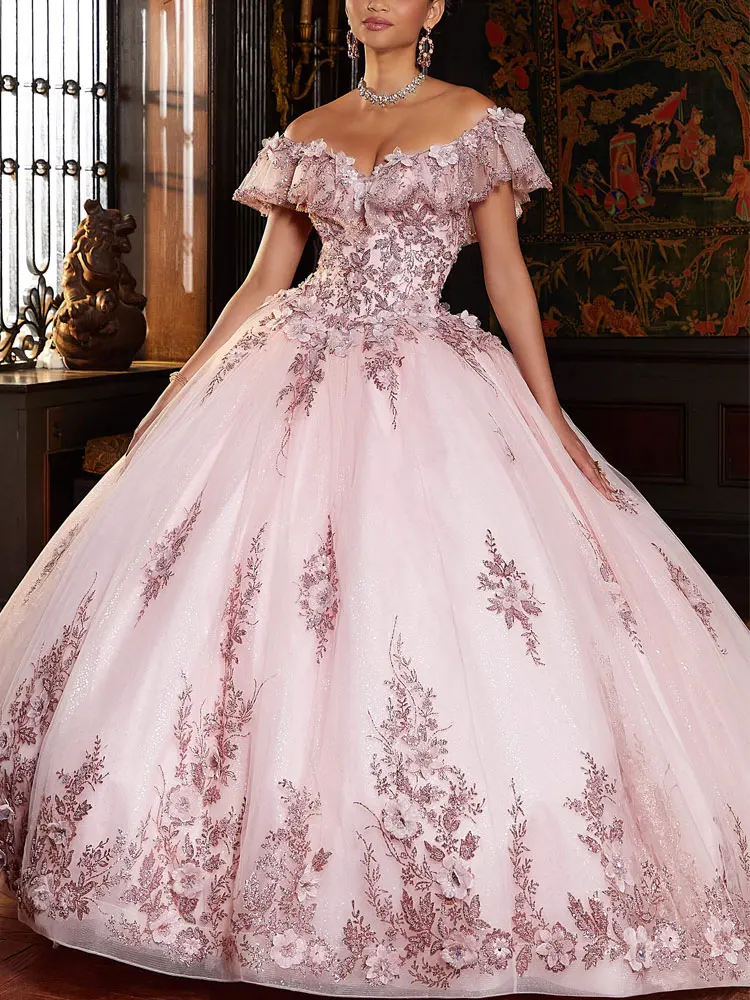 Vestido de luxo quinceanera rosa ou lilás, princesa vestido de baile florido 3D, vestido de festa 15 doces, grande arco, 2022