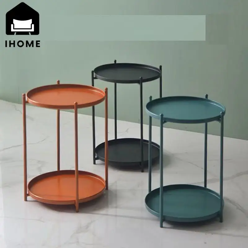 IHOME Gladden Iron Tray Coffee Table Modern Simple Foldable Small Round Table Indoor Bedside Sofa Low Table Side Table New 2024