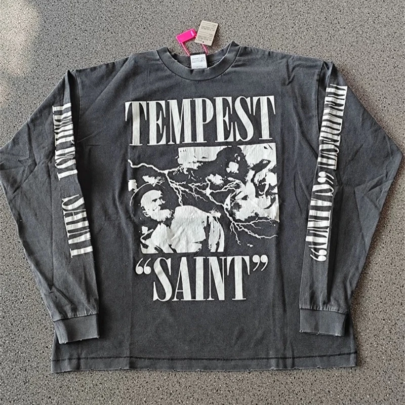 

25SS Oversized Saint Michael Casual Hoodies Men Women 1:1 Washed Black Letter Printing Long Sleeves