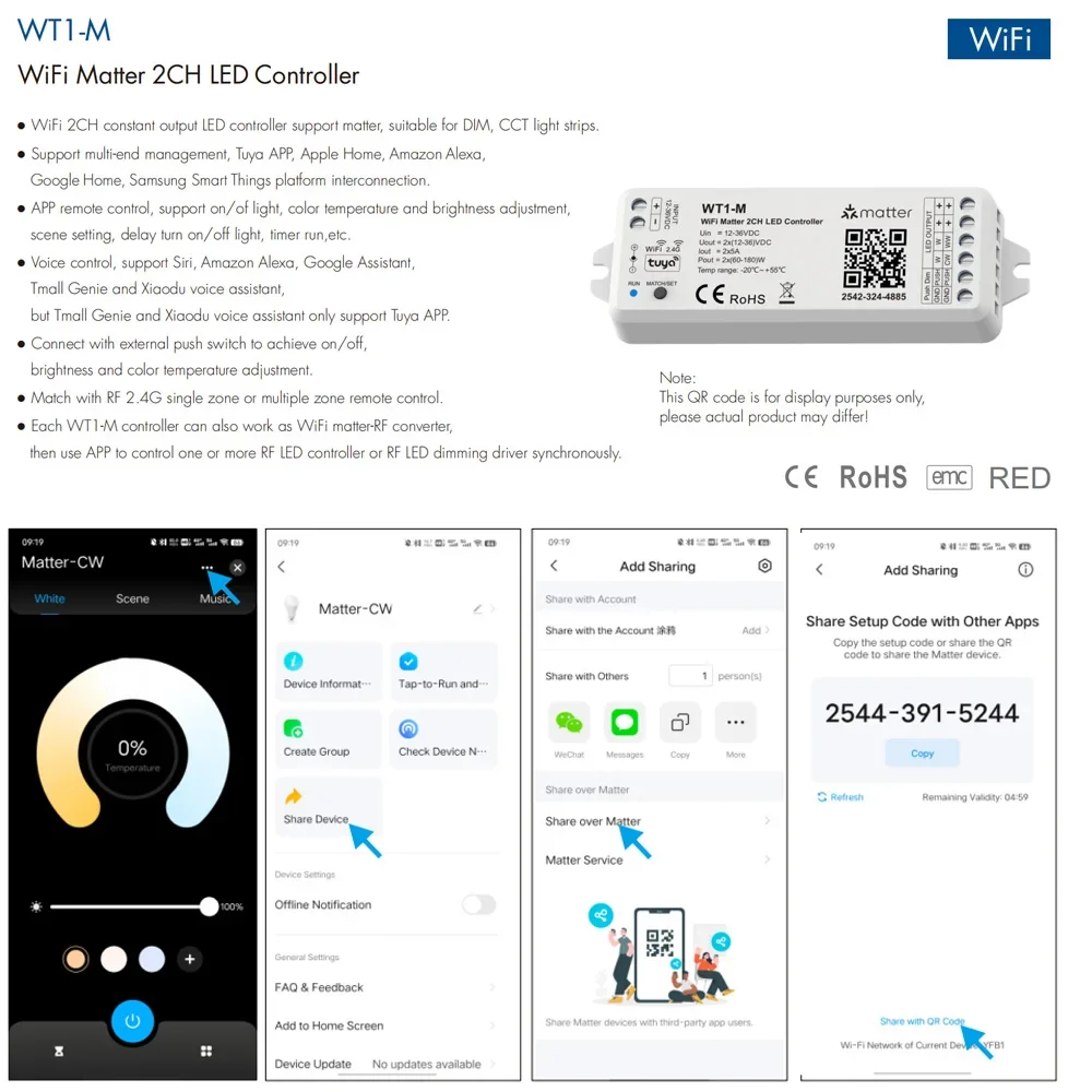 2CH Matter WiFi LED Controller WT1-M DC12-36V 5050 COB DIM/CCT Light Strip RF Touch Remote for Homekit Smartthings Alexa Google