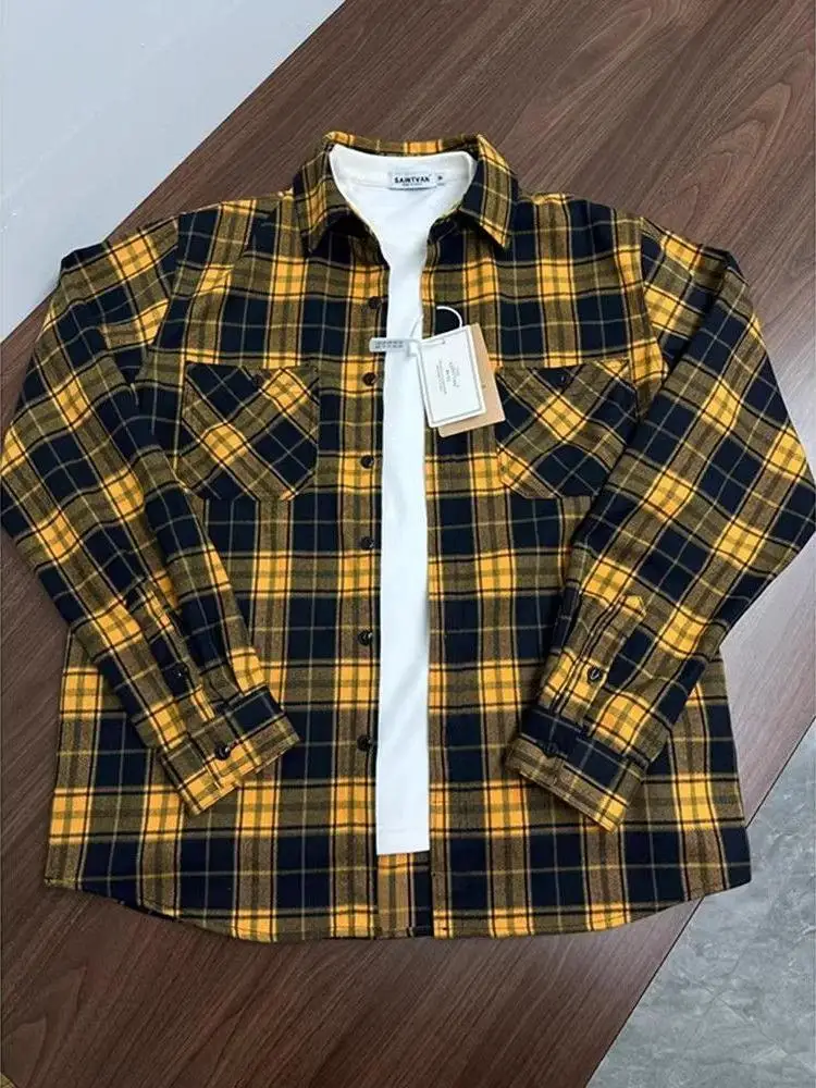 

American Retro Yellow Plaid Men's irt High-End Feeling Cool Outerwear Cleanfit Spring Clothing Turn-down Collar irt