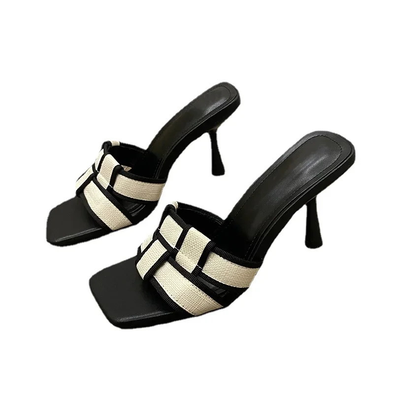 우아한 여성용 굽 신발, 야외 얕은 여성용 하이힐 샌들 슬라이드, 여성 신발, 패션 직조 펌프, 2023 년 신상