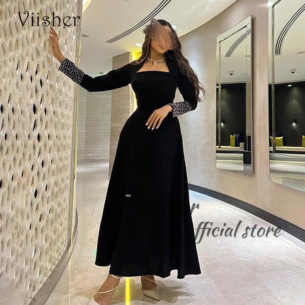 

Viisher Black Mermaid Evening Dresses Pearls Long Sleeve Square Neck Formal Dress Ankle Length Dubai Arabic Prom Party Gowns