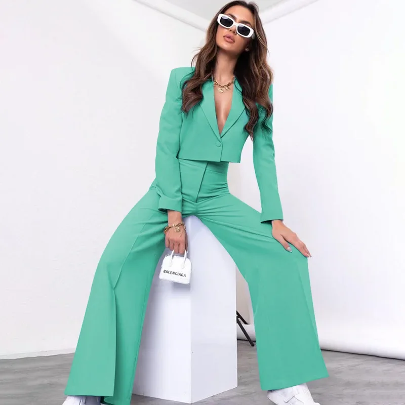 Wide Leg Pant Sets Women Solid V Neck Tops Long Sleeve Single Button Spliced High Waist Full Length Pants Office Lady Loose