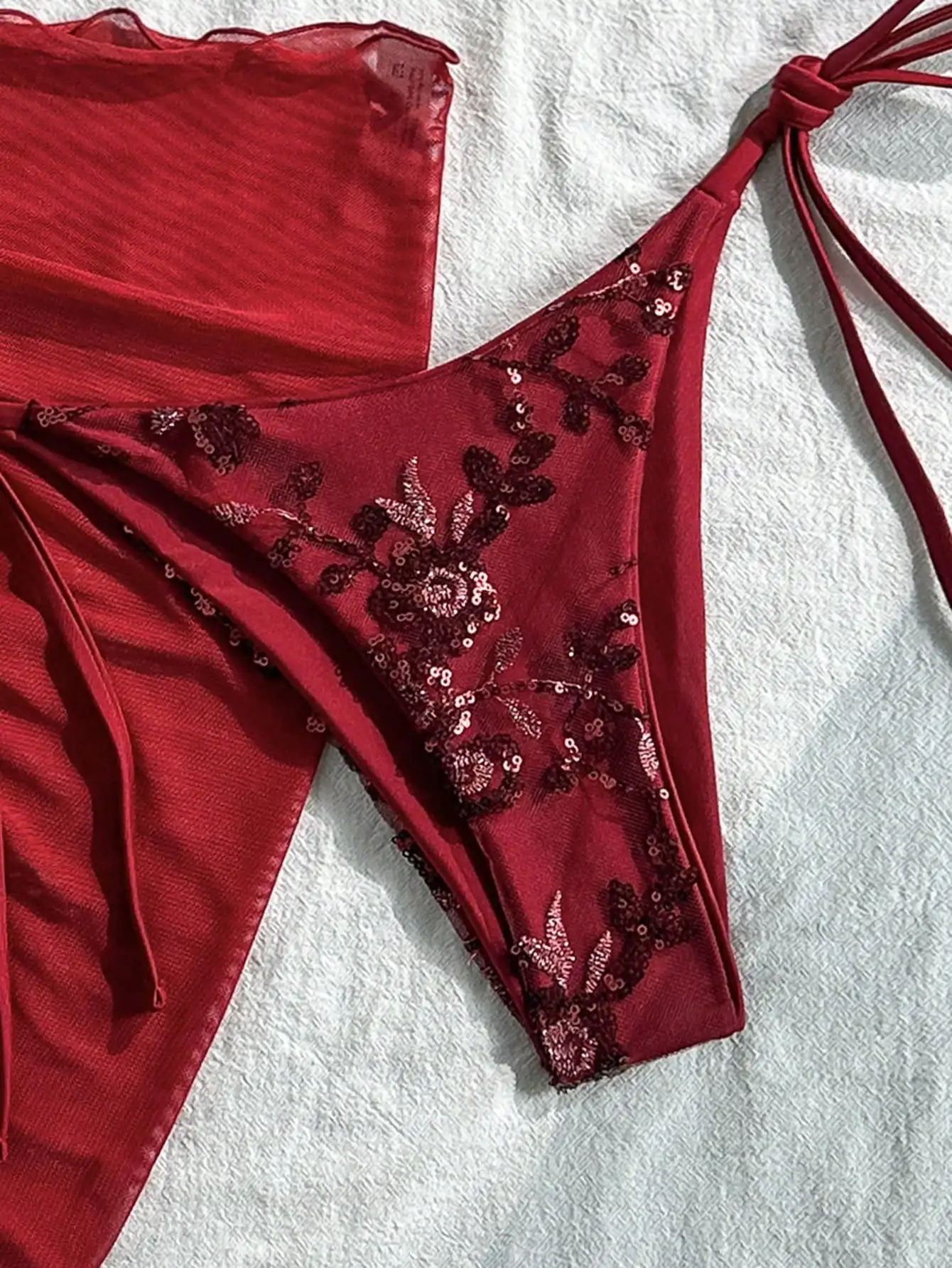 Costavie 3pcs Floral Sequin Textured Halter Bikini Top, Side Tie Bottoms And Mesh Sarong Skirt Sexy Women Swimwear Set