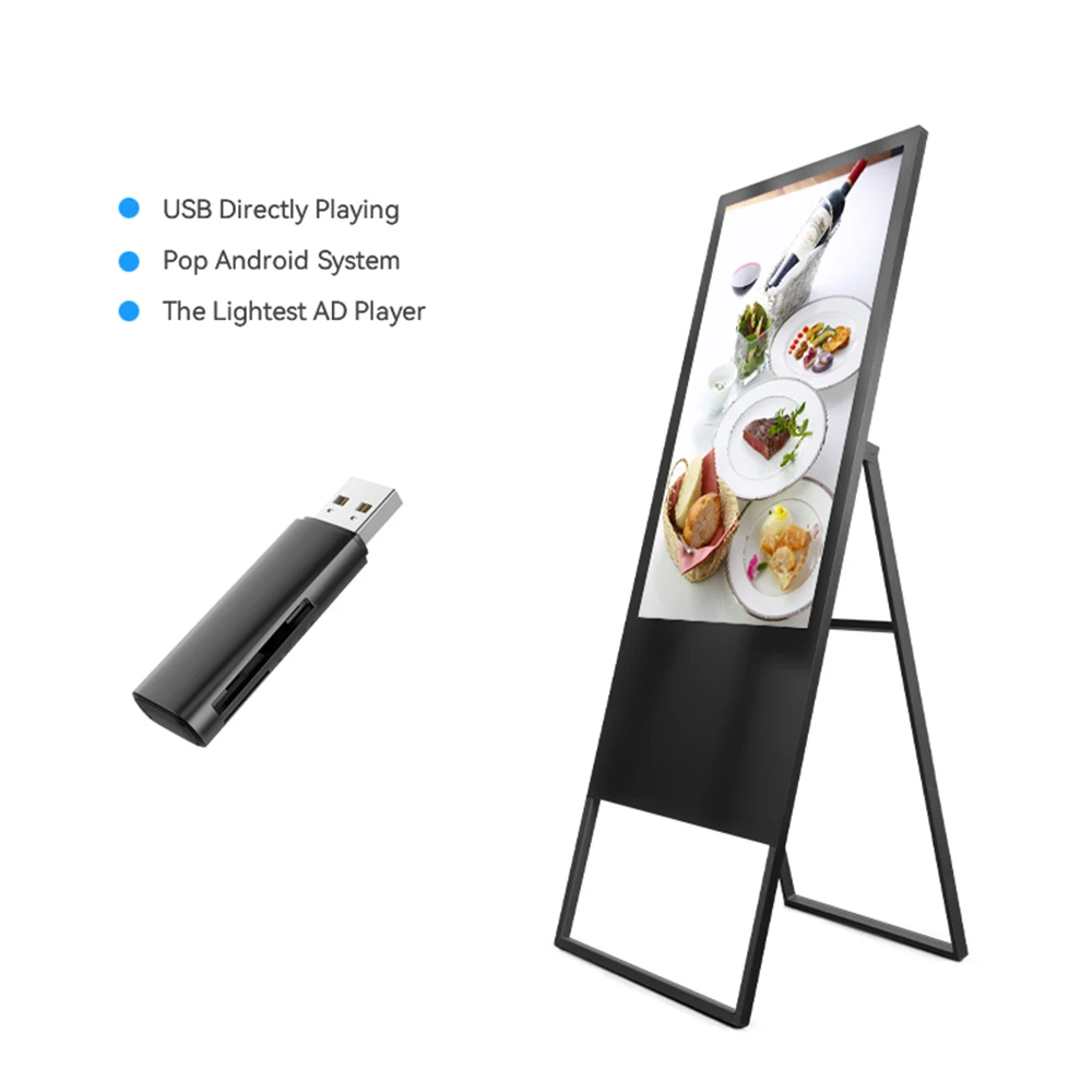 32 43 49 55 65 Inch A-type Digital Signage Advertising Player Full Touch Screen Portable Lcd Poster Displaywith Wheels
