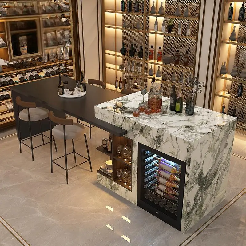 ​ ​ Conjunto de ilha de cozinha de mármore de luxo com mesa de jantar, geladeira de vinho, luzes LED, armazenamento de 2 camadas e base de escultura artística ​ ​