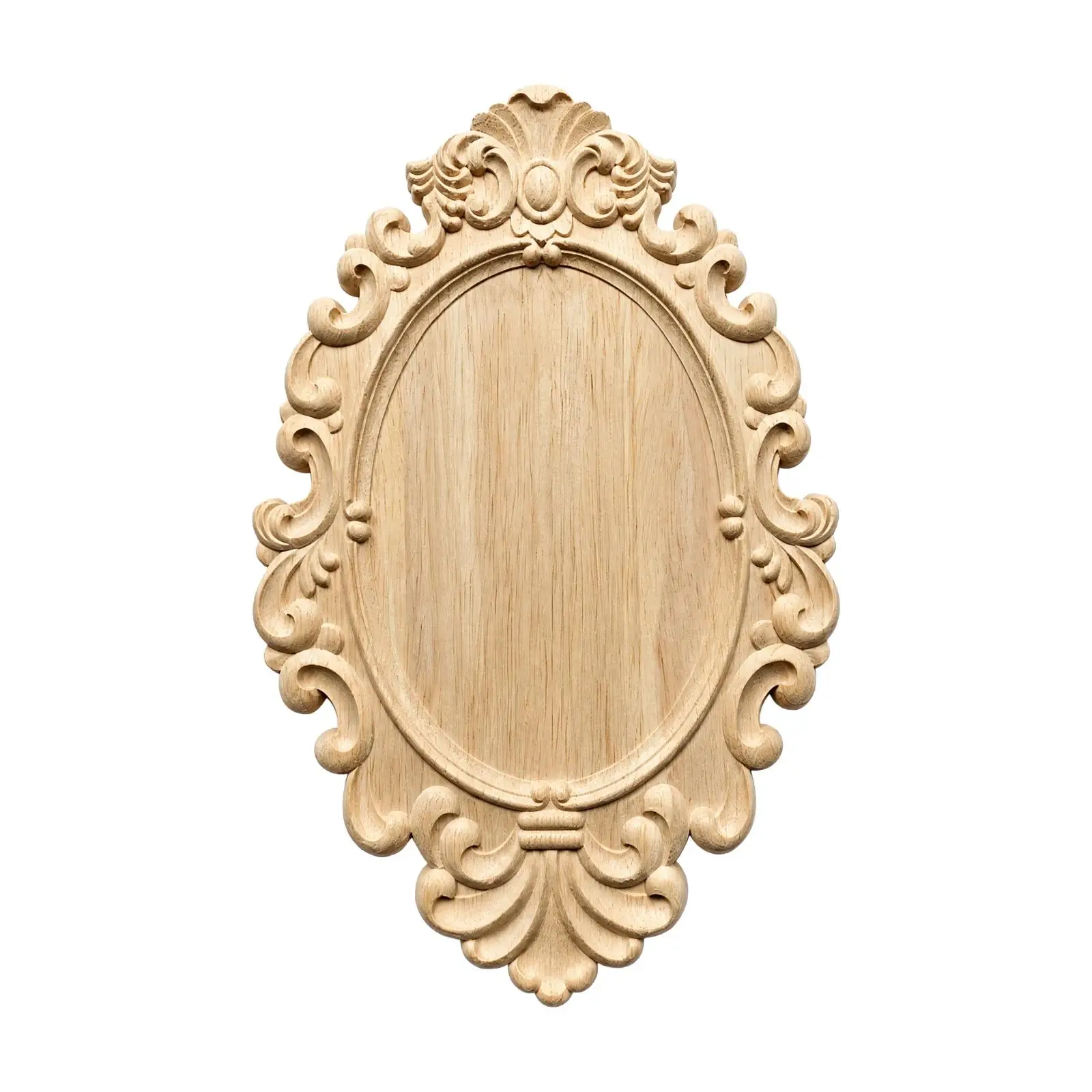 Wood Applique Ornate Oval Rubberwood Carving with Embossed Detailing Details Classical Ornamental Wood Applique Symmetrical