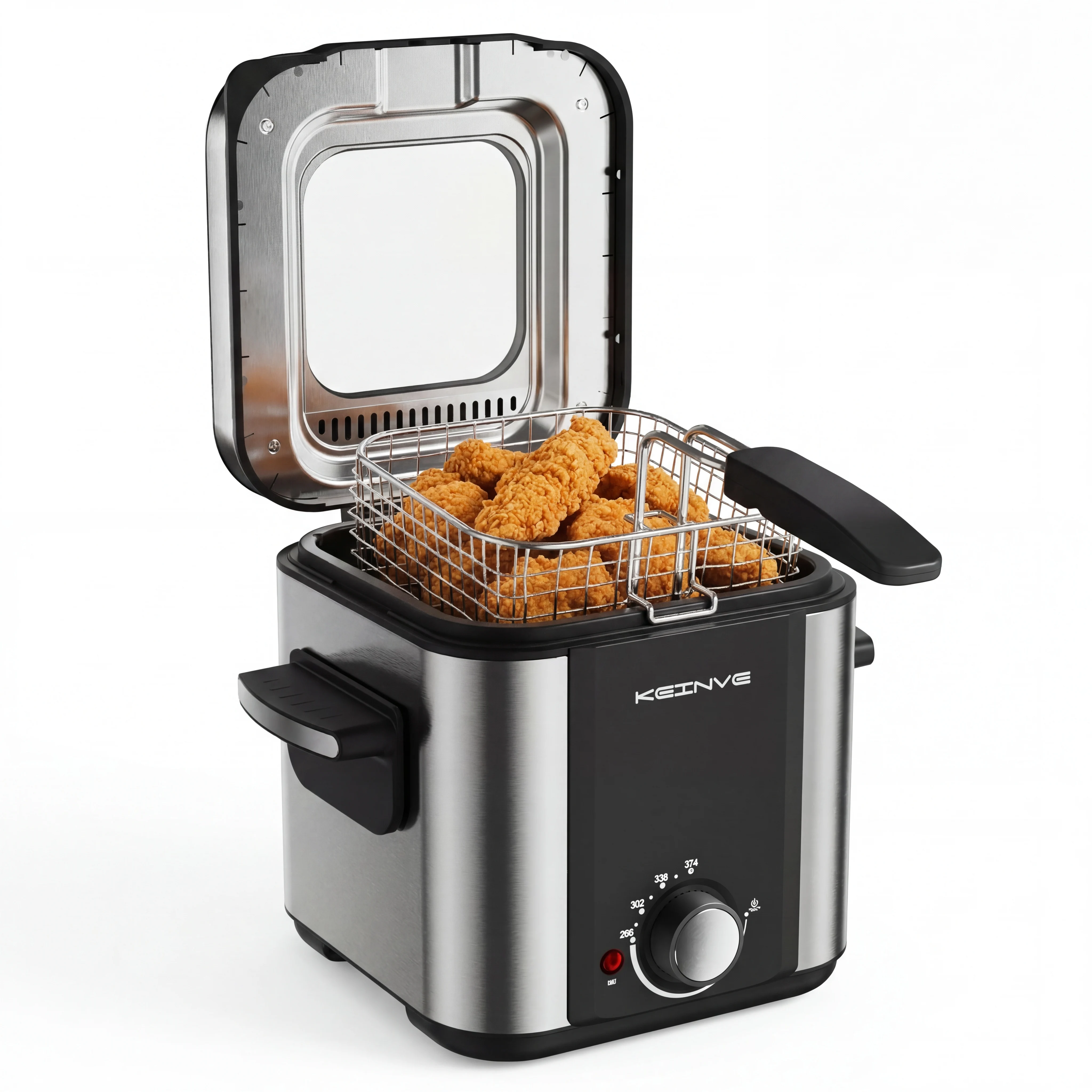 Freidora eléctrica de 1.5L con control de temperatura, tapa extraíble con filtro de olores y ventana de visualización, cesta de fritura por inmersión