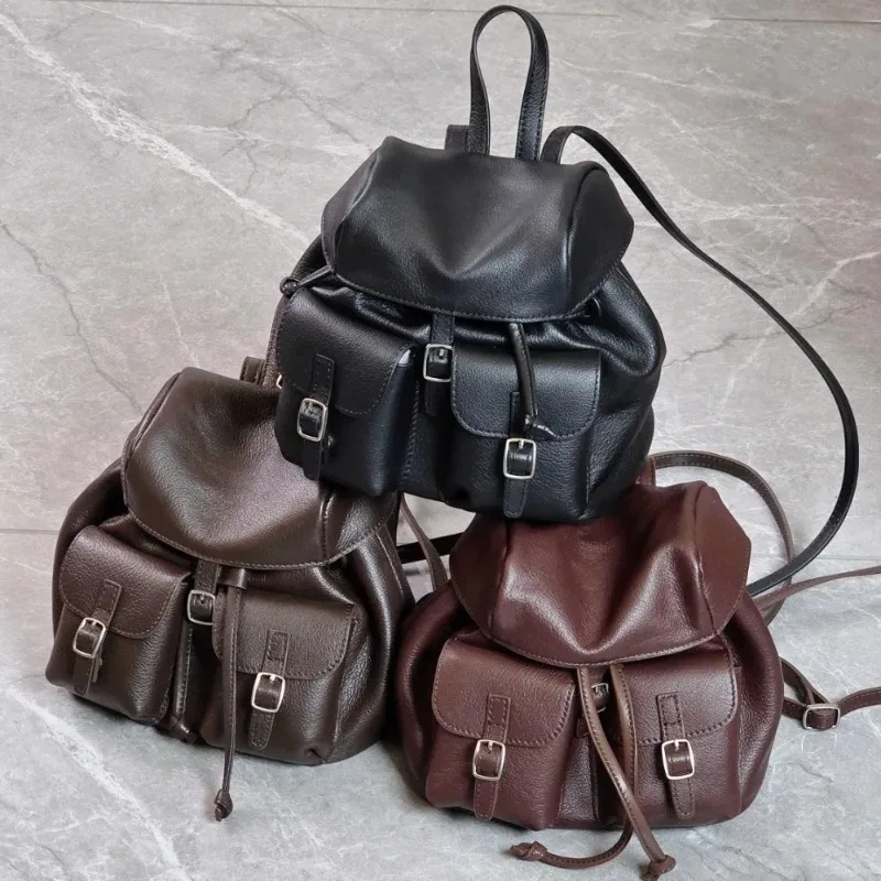 

Frosted Cowhide Backpack Mini Cute Drawstring Niche Design Suede Double Pocket Handbag Loose Texture Casual Fashion