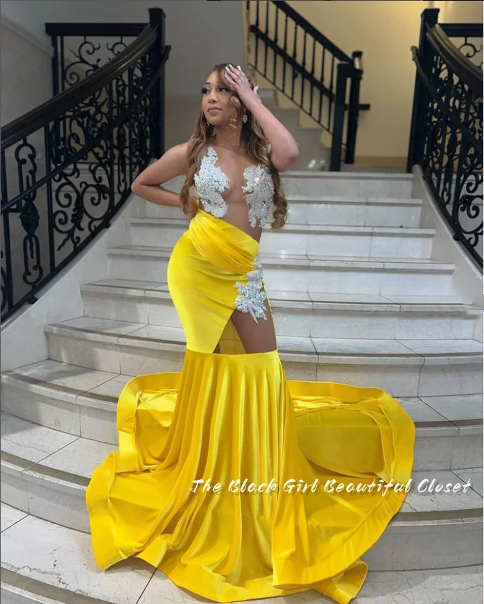 Goose Yellow Luxury Evening Gowns New African Girls Sexy See Through Birthday Party Dresses O Neck Applique Pearls Prom Dresses