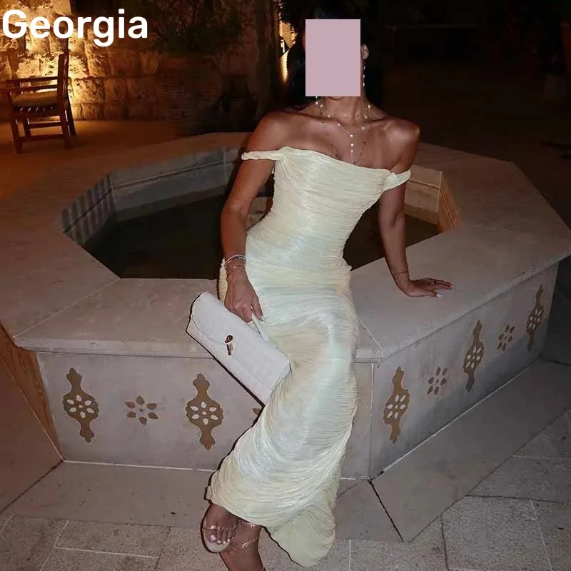 

Платья на день рождения Роскошные платья с открытыми плечами на заказ для выпускного вечера Оболочка длиной до пола с рюшами Желтые элегантные платья для женщин